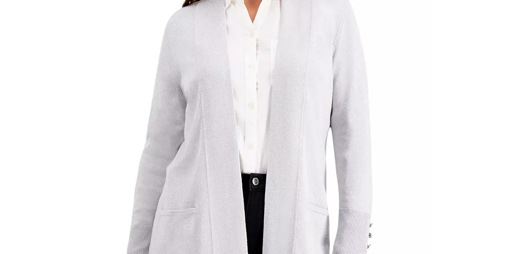 JM Collection Women's Petite Button Sleeve Flyaway Cardigan Gray Size Petite Small