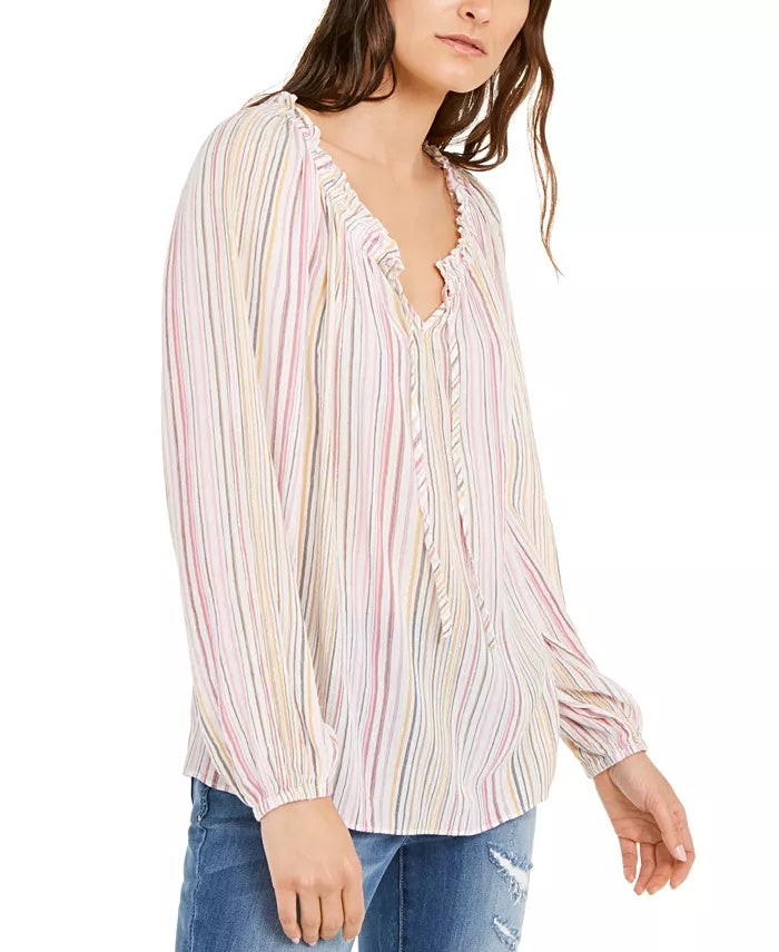 INC International Concepts Women's Striped Peasant Top White Size Large