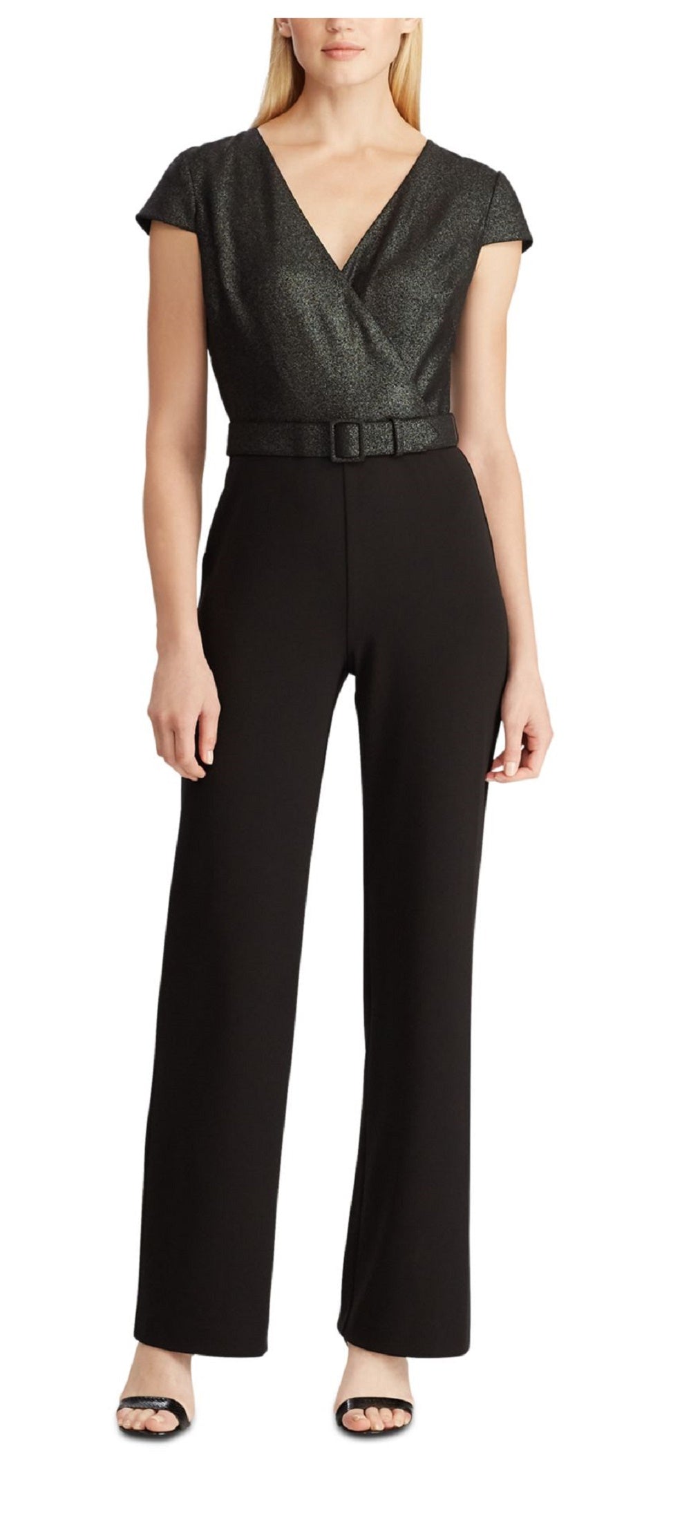 ralph-lauren-womens-black-belted-glitter-wrap-short-sleeve-v-neck-t-shirt-straight-leg-wear-to-work-jumpsuit-black-size-12