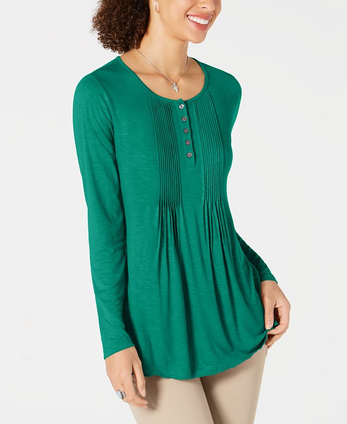Style & Co Long-Sleeve Pintuck Top Green Size L