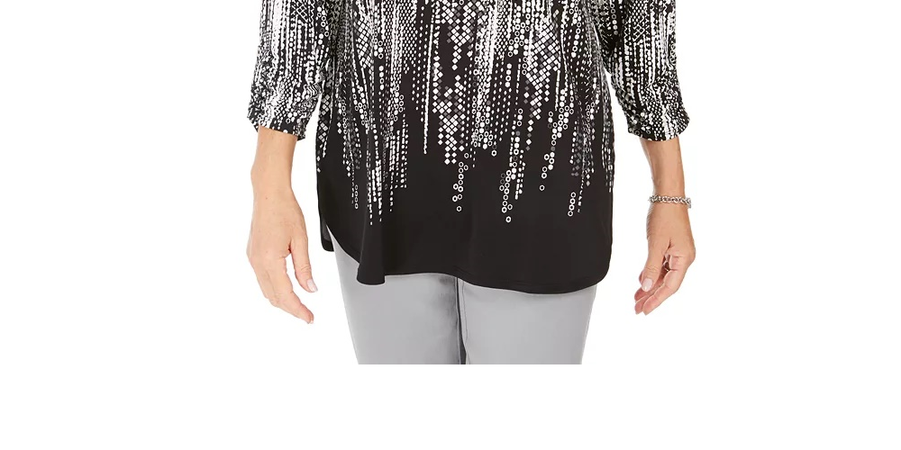JM Collection Women's Petite Printed Zip-Neck Top Black Size PS/M