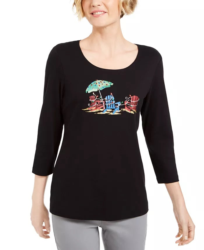 Karen Scott Women's Embellished 3/4-Sleeve Top Black Size Medium