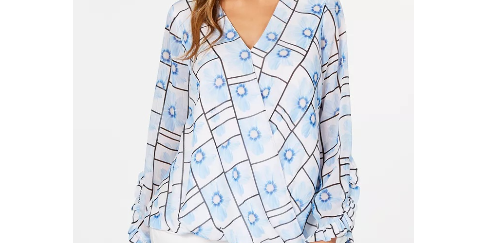 Alfani Women's Petite Printed Surplice Blouse Blue Size Medium