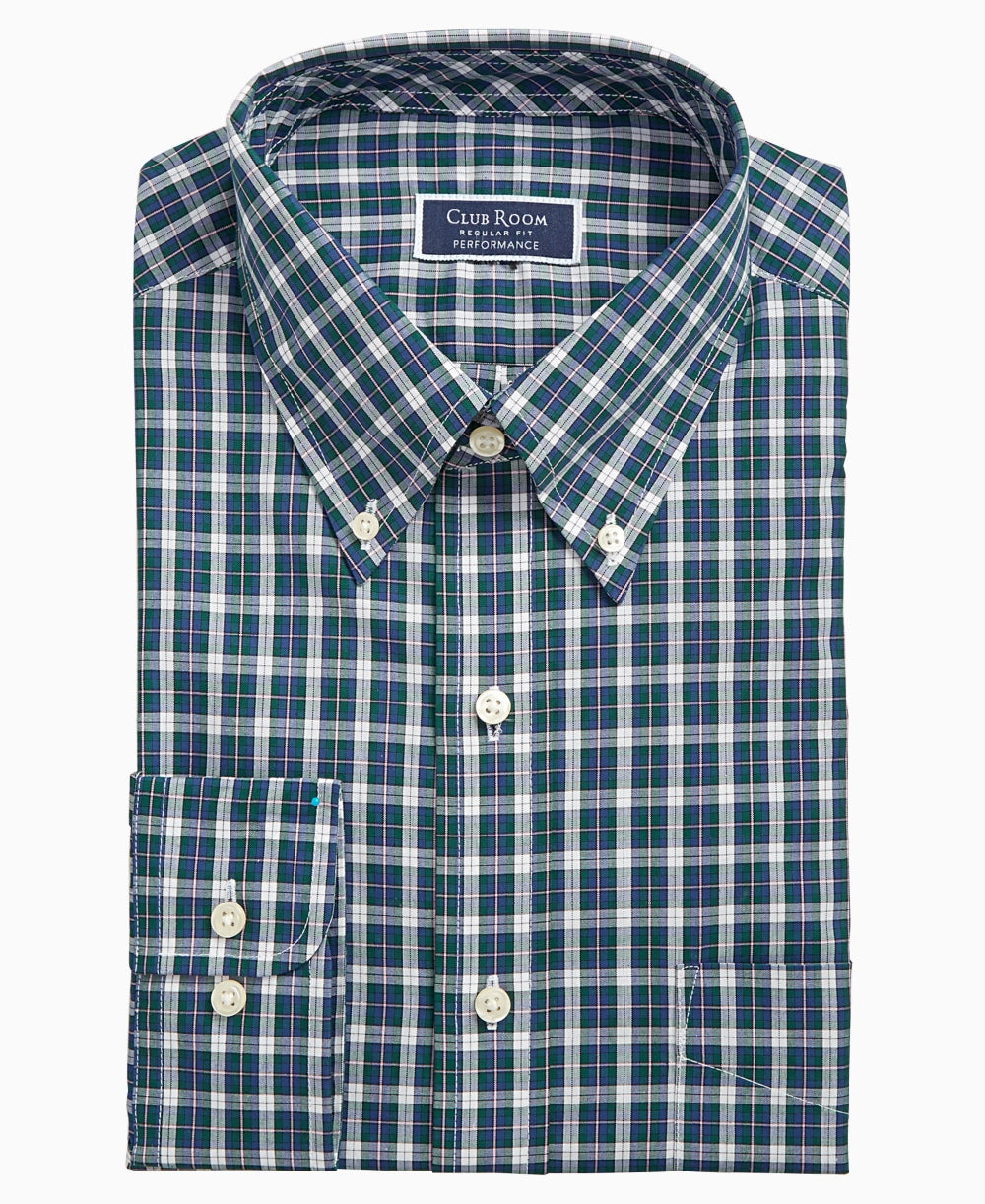 Club Room Men's Plaid Performance Dress Shirt White/Green  Size 15.5X34-35