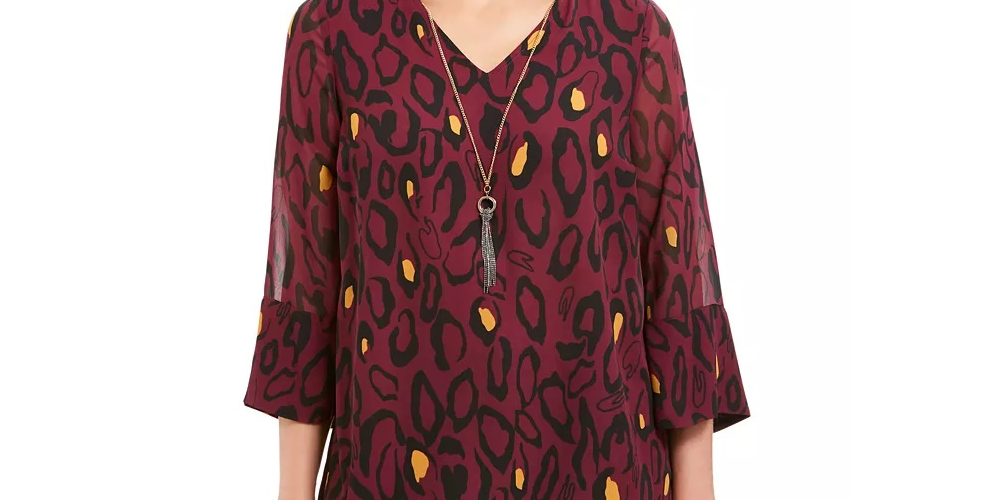 JM Collection Women's Printed Necklace Top Burgundy Size Small