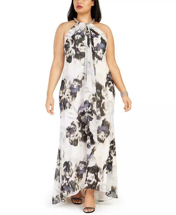 Calvin Klein Women's Plus Floral Print Chiffon Gown Pink Size 24W