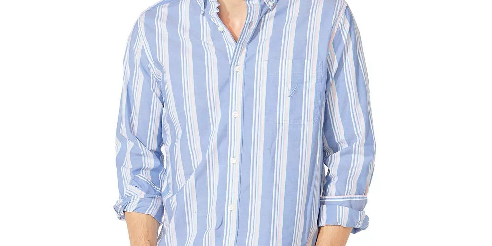 Nautica Men's Striped Collared Dress Shirt Blue Size Medium