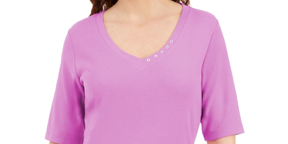 Karen Scott Women's Button-Detail V-Neck Top Purple Size Medium
