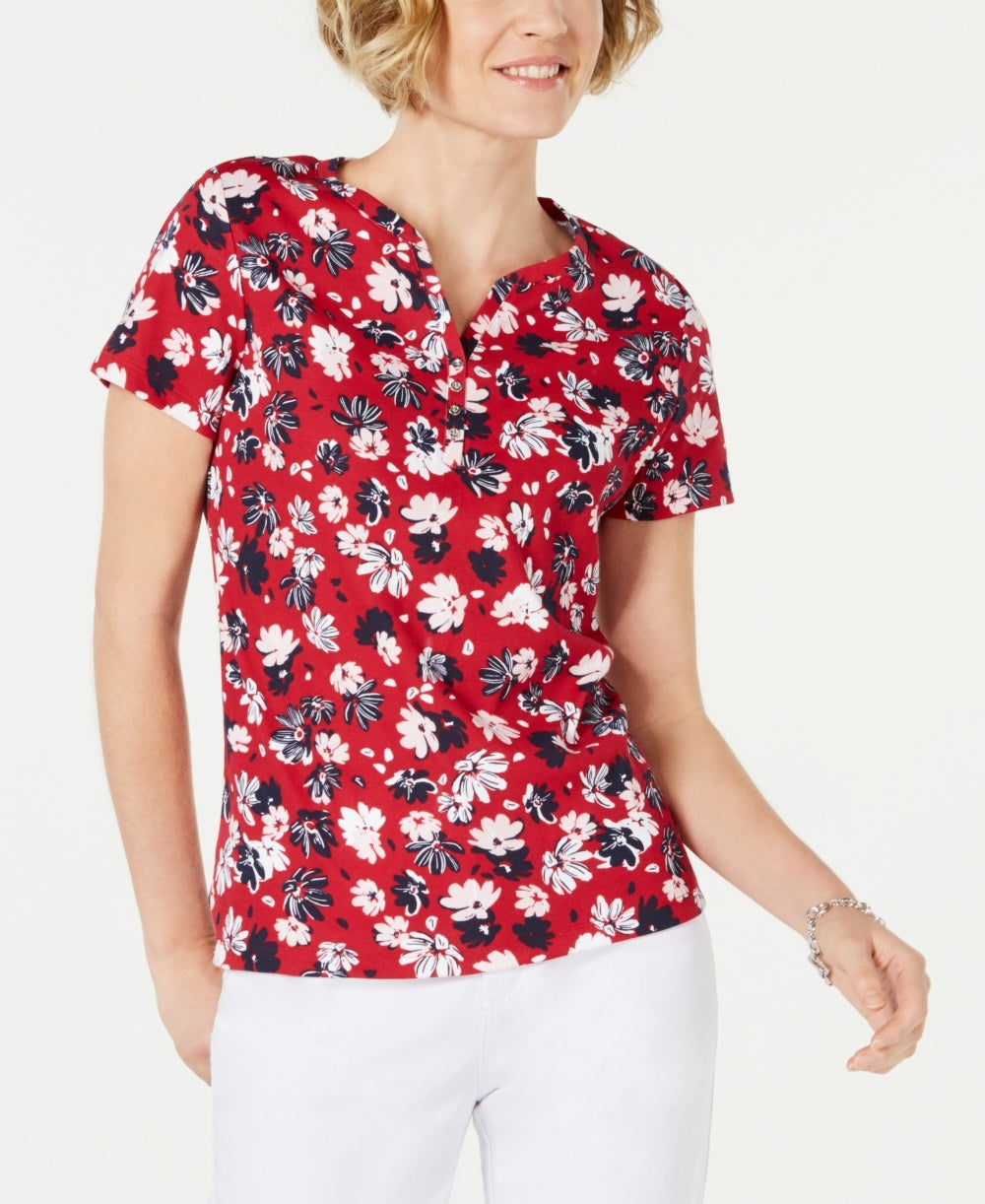 Karen Scott Women's Liberty Daisy Printed Henley Top Red Size PL