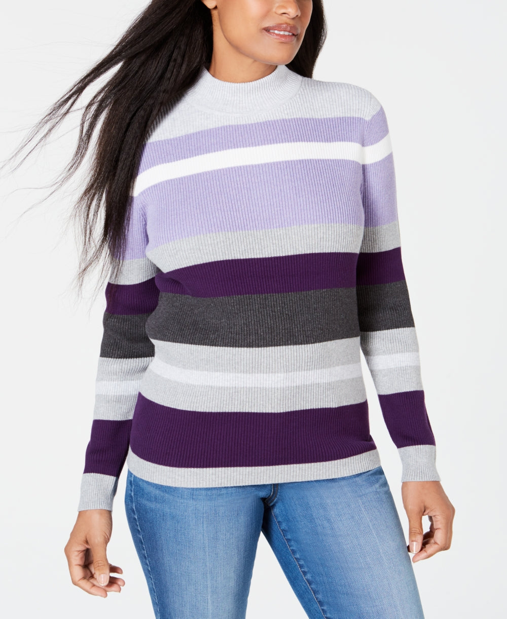 Karen Scott Women's Cotton Striped Ribbed Sweater Purple Size PS/M