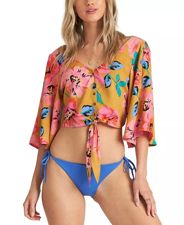 Billabong Women's Sun Creek Tie Hem Crop Top Yellow/Pink  Size Large