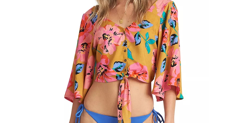 Billabong Women's Sun Creek Tie Hem Crop Top Yellow/Pink  Size Large
