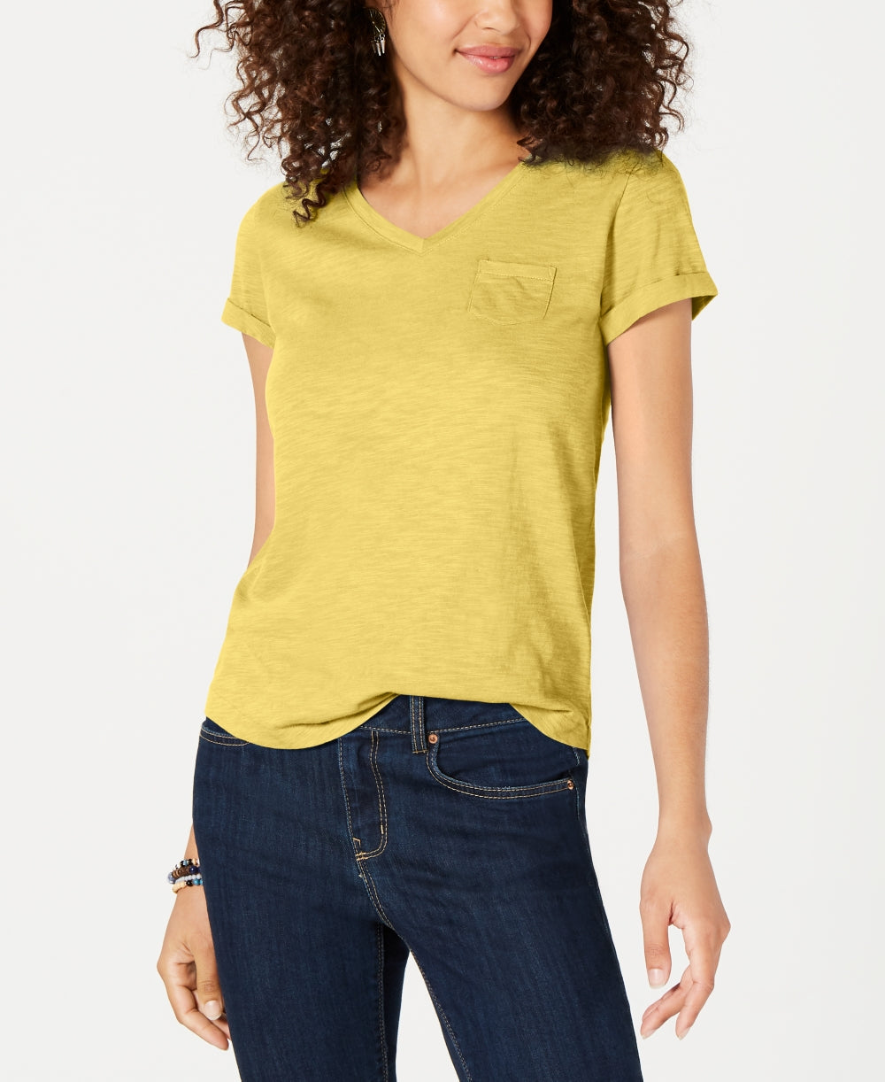 Style & Co Women's Petite V-Neck Pocket T-Shirt Darkyellow Size PP