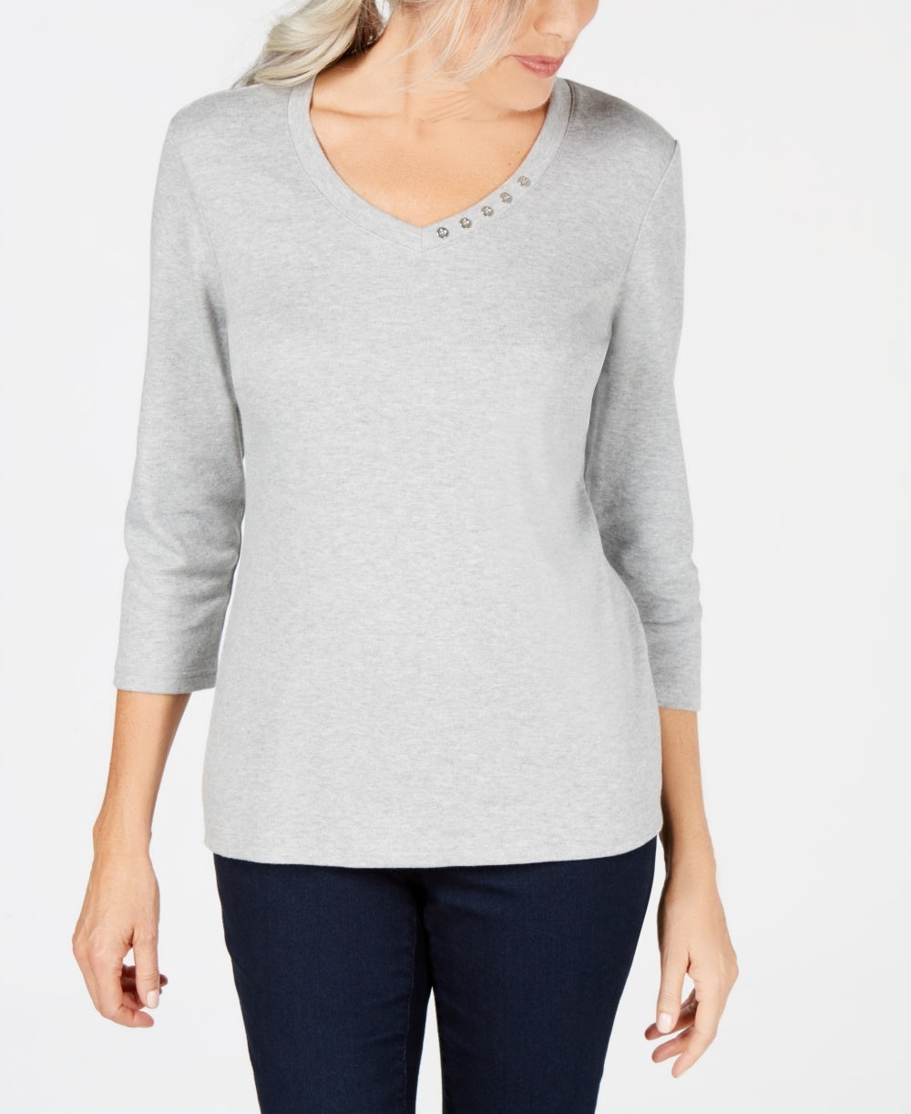 Karen Scott Women's Cotton Button Trim Top Gray Size XX-Large