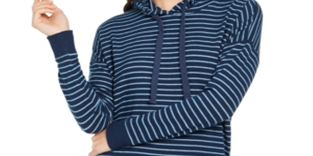 Alfani Women's Cozy Knit Striped Hoodie Blue Size Small
