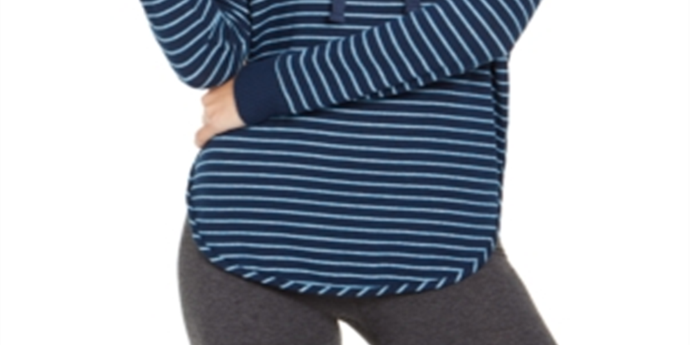 Alfani Women's Cozy Knit Striped Hoodie Blue Size Small