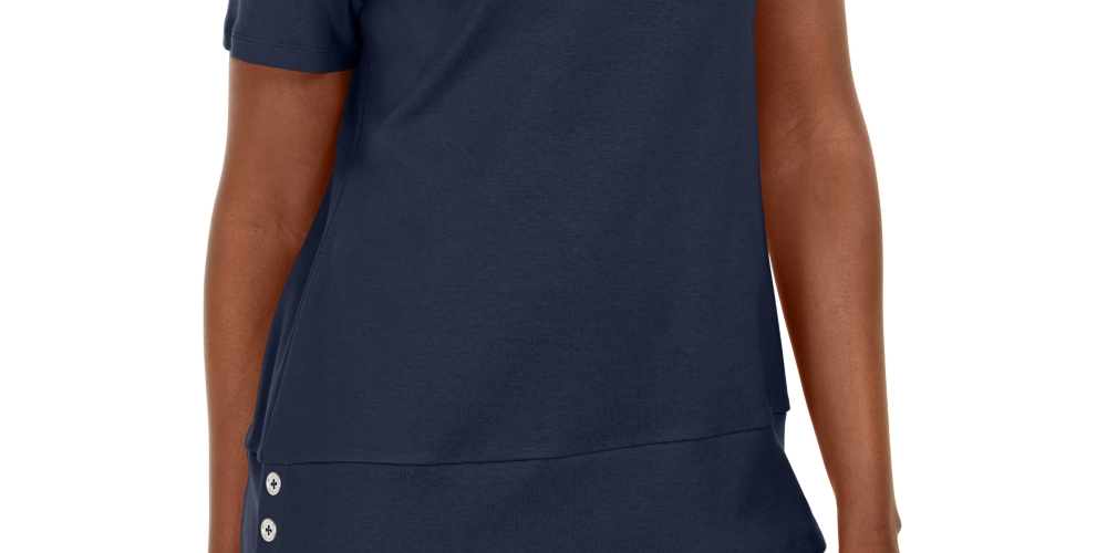 Karen Scott Women's Button Hem Scoop Neck Cotton Top Blue Size Medium