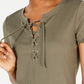Hippie Rose Junior's Lace Up Rib Knit Top Green Size Medium