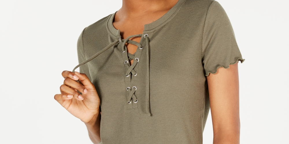 Hippie Rose Junior's Lace Up Rib Knit Top Green Size Medium
