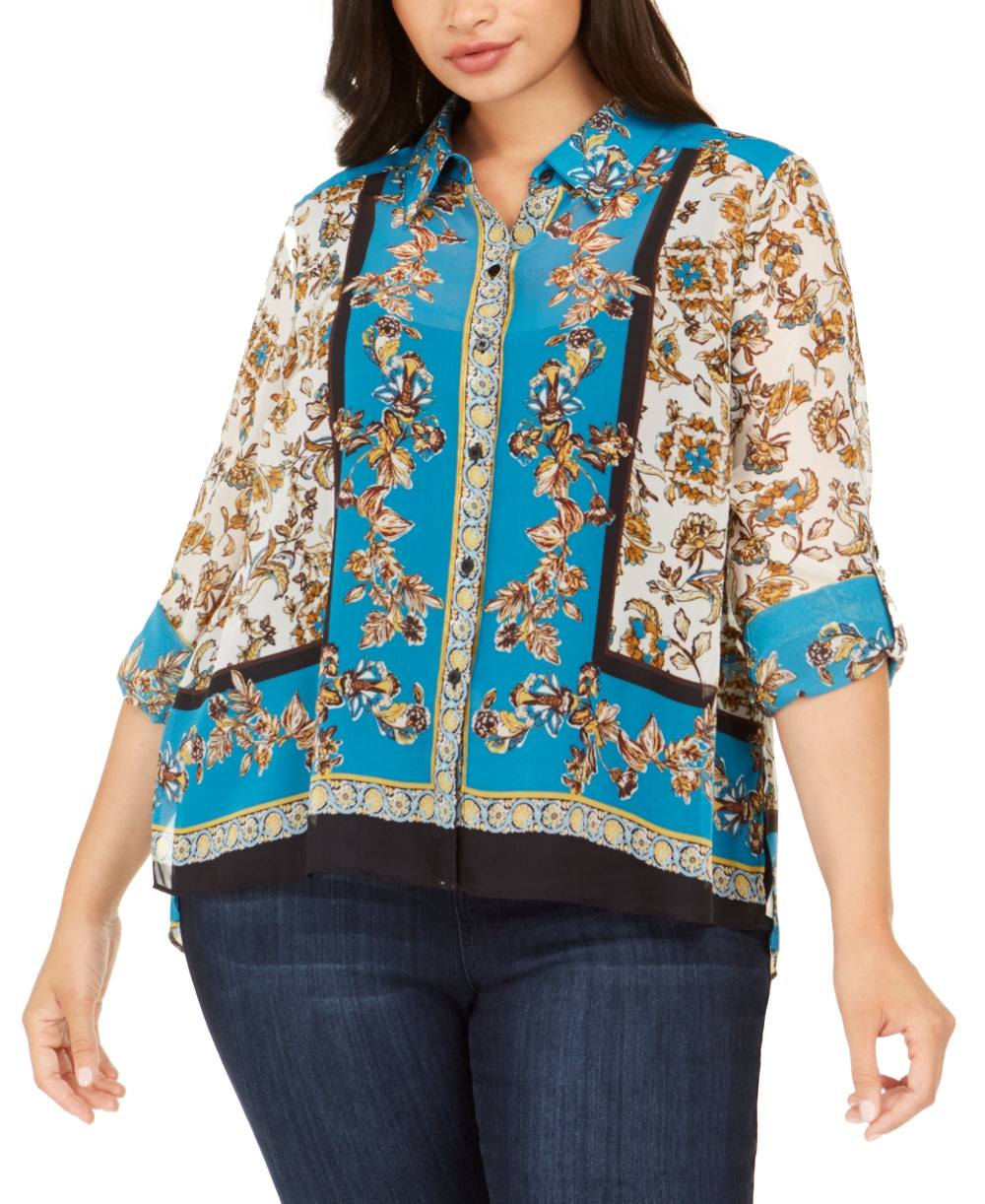 INC International Concepts Women's Plus Scarf-Print Top Blue Size 0X