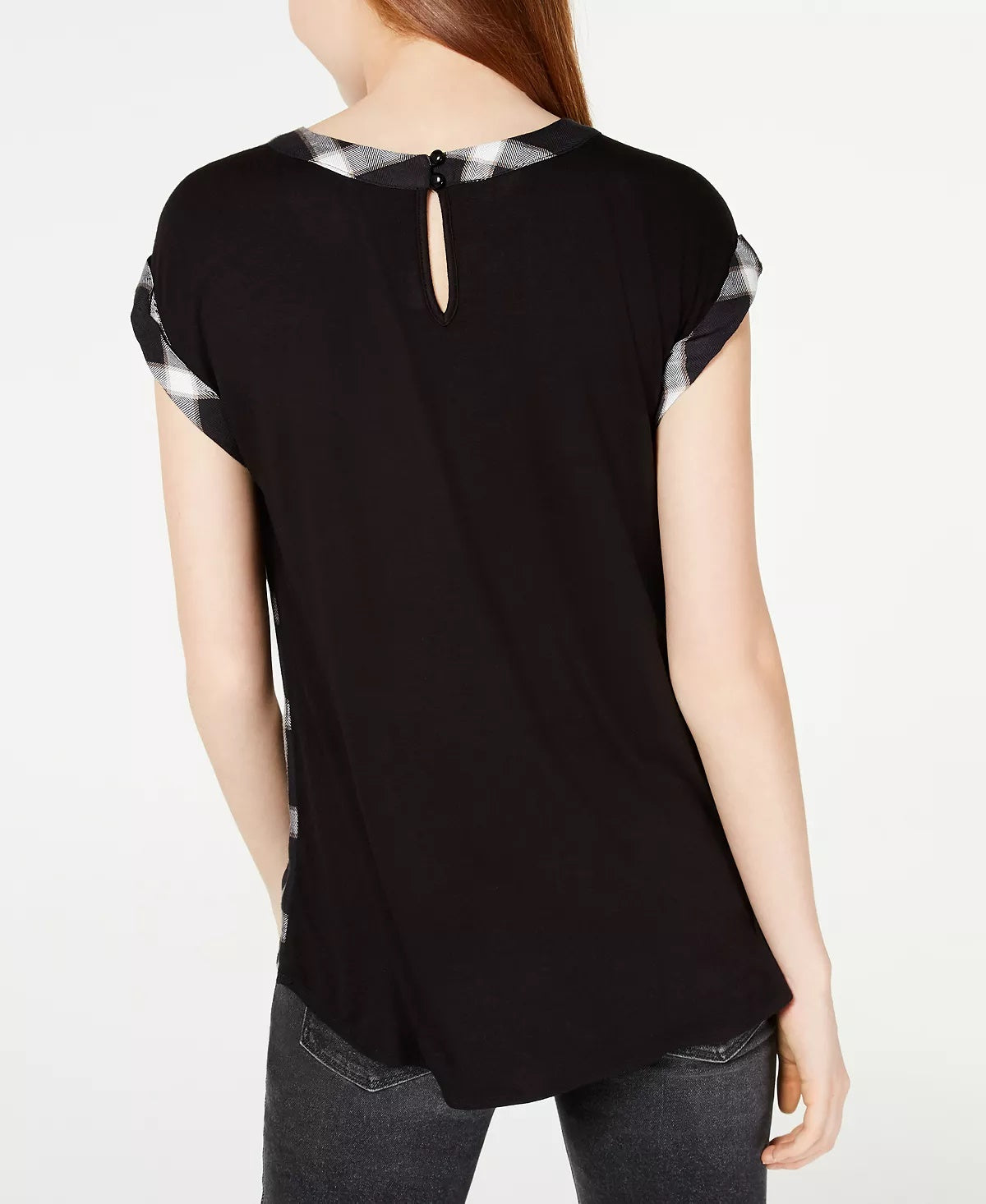 BCX Juniors' Plaid Woven-Front Cutout Blouse Black Size X-Small