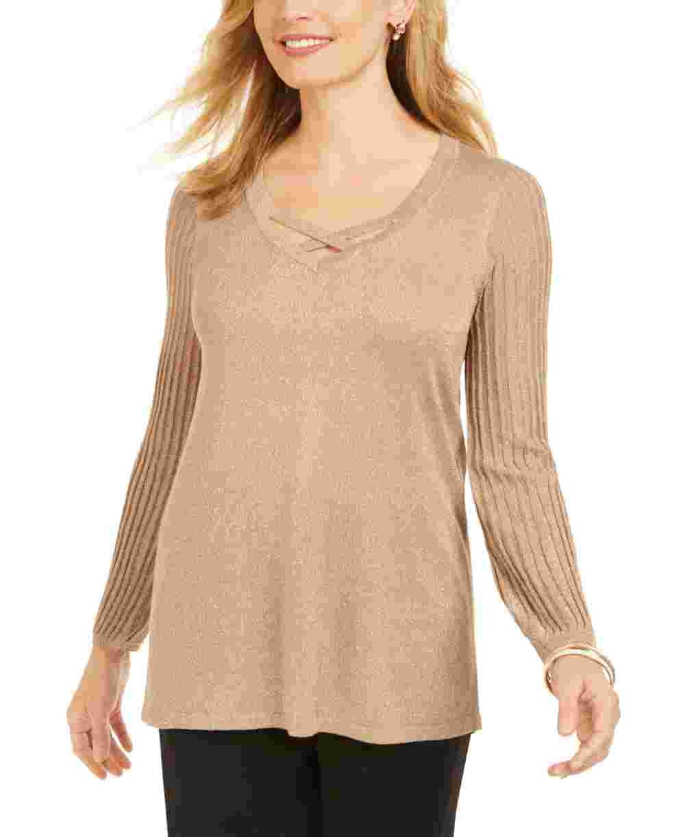 JM Collection Women's Lurex Lattice-Neck Blouse  Gold Size X-Small