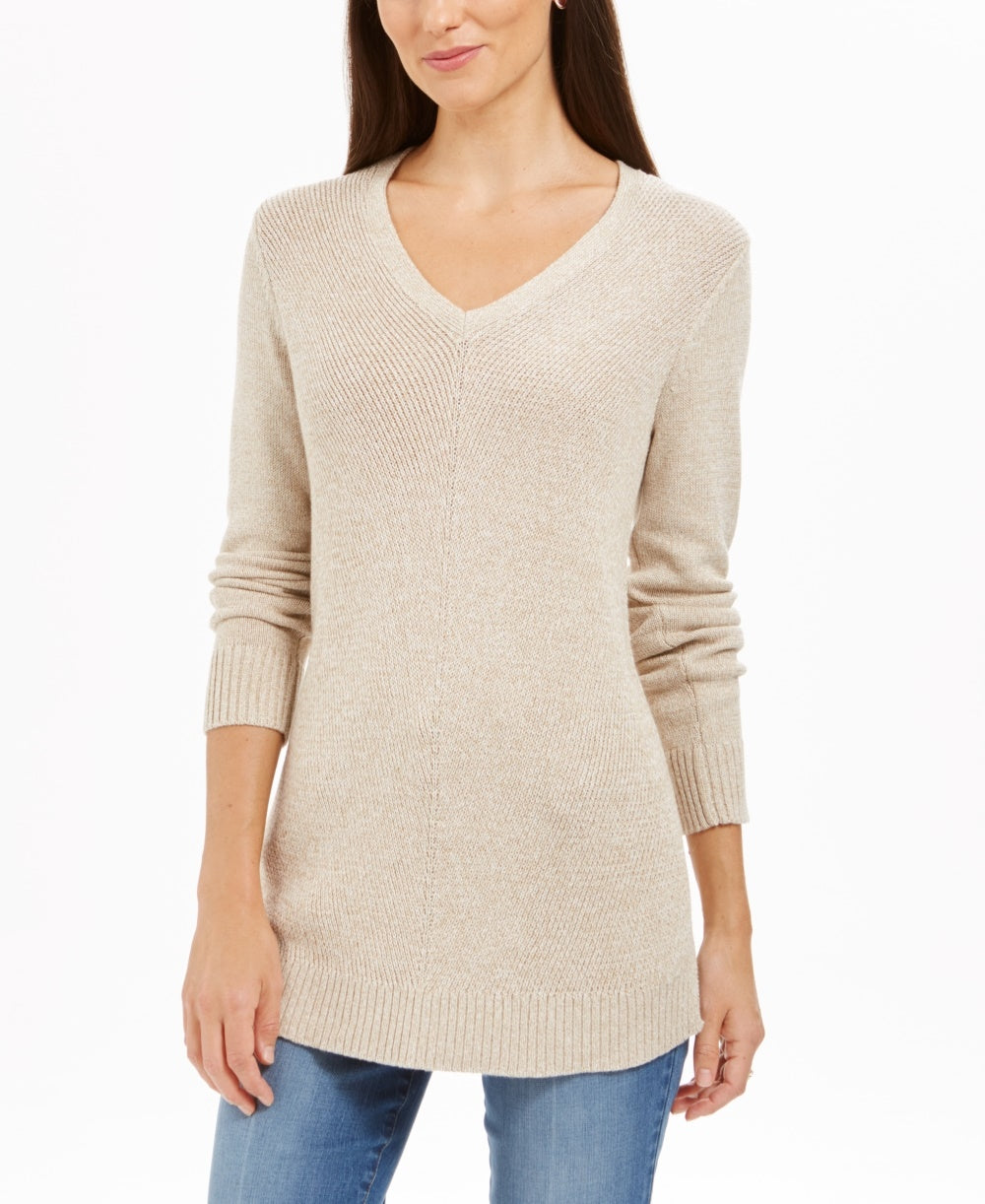 Charter Club Women's Marled V Neck Sweater Beige Size Petite Small