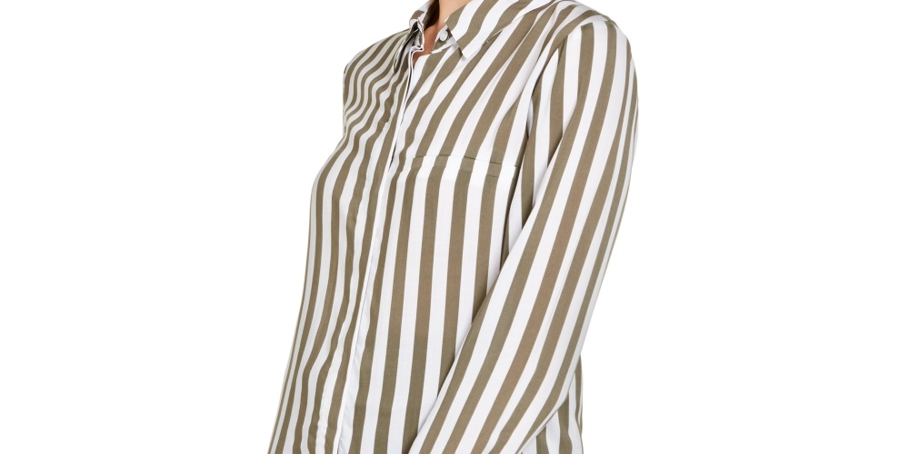 INC International Concepts Women's Striped Button Down Shirt Green Size X-Small
