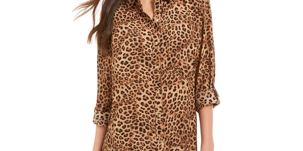 Charter Club Women's Petite Printed Roll-Tab-Sleeve Top Beige Size Medium