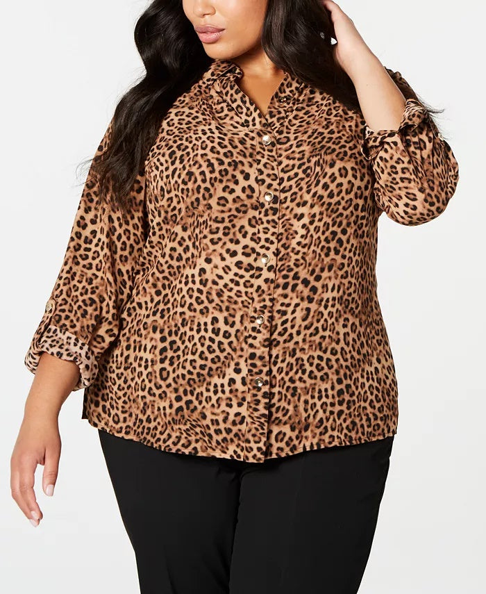 Charter Club Women's Plus Animal-Print Shirt  Beige Size 0X