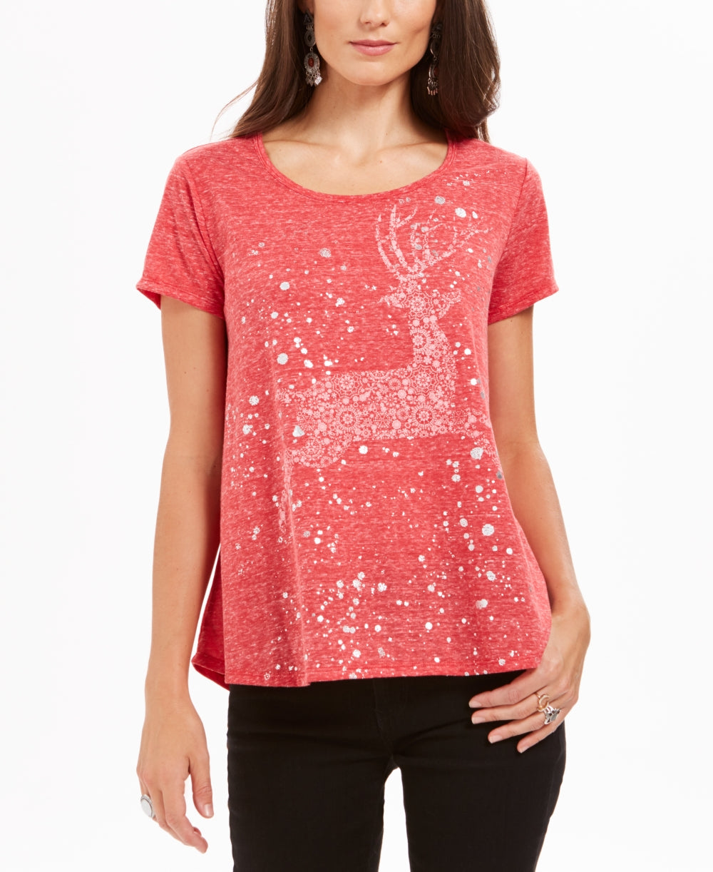 Style & Co Women's Reindeer Graphic T-Shirt Red Size Medium