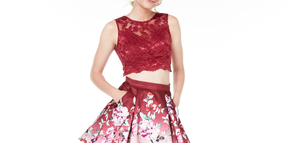 Trixxi Juniors' 2-Pc. Lace Floral-Print Fit & Flare Dress Wine Size 9