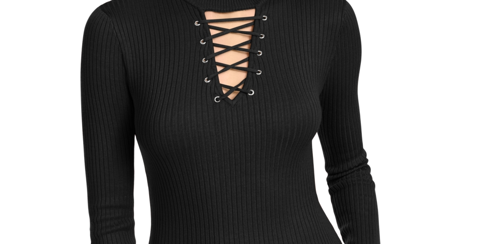 Derek Heart Juniors' Lace-Up Mock-Neck Top Black Size Medium