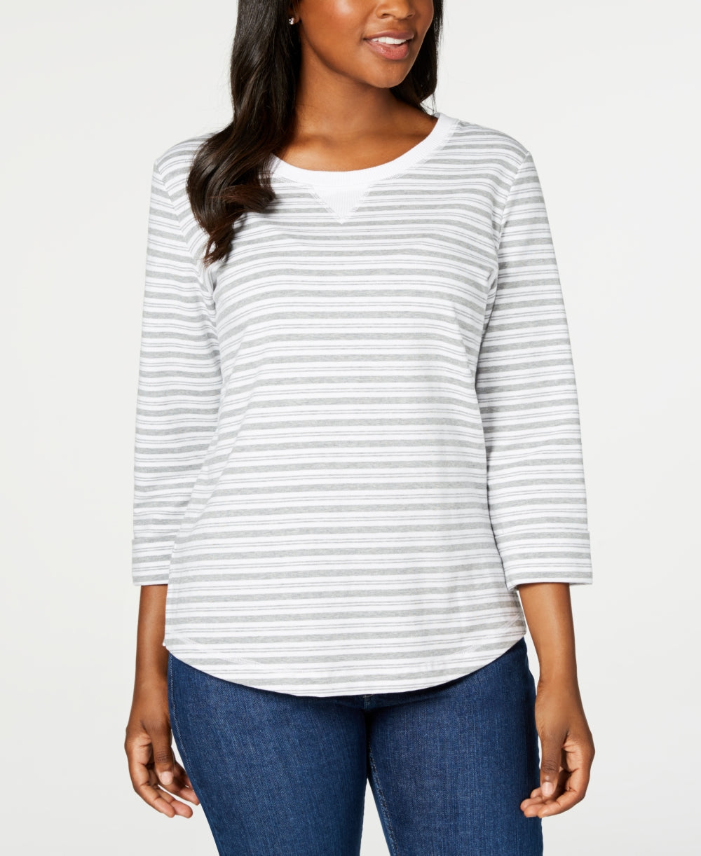 Karen Scott Women's Petite Striped 3/4-Sleeve Sweatshirt Grey Size P/XL
