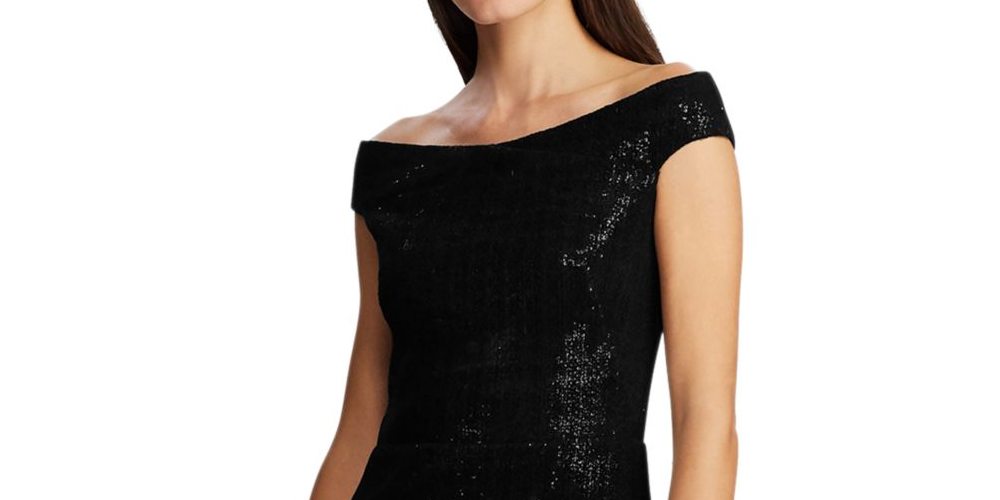 Ralph Lauren Women's Sequined Sleeveless Off Shoulder Knee Length Body Con Evening Dress Black Size 4