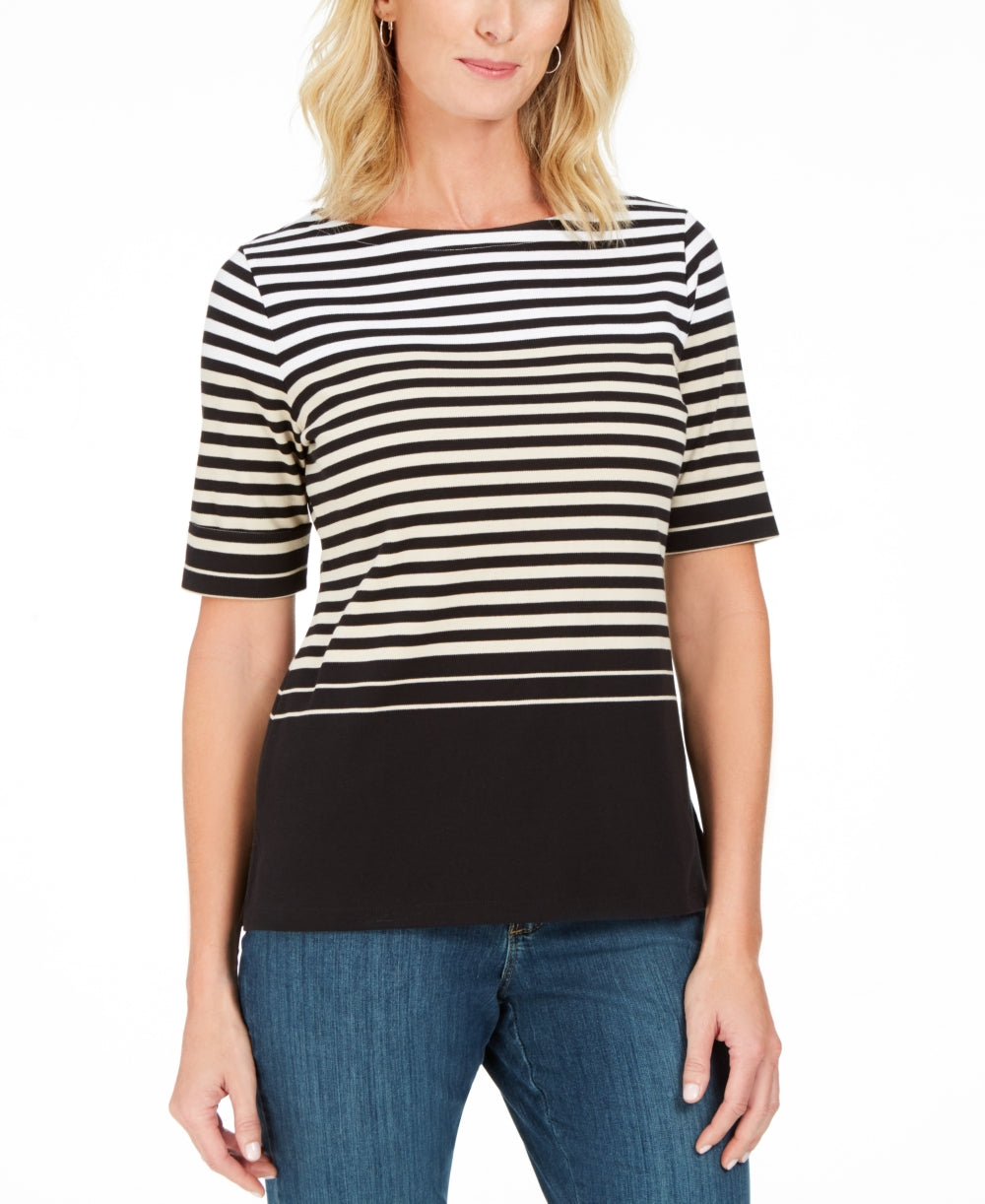 Karen Scott Women's Striped Elbow-Sleeve Top Beige Size Small