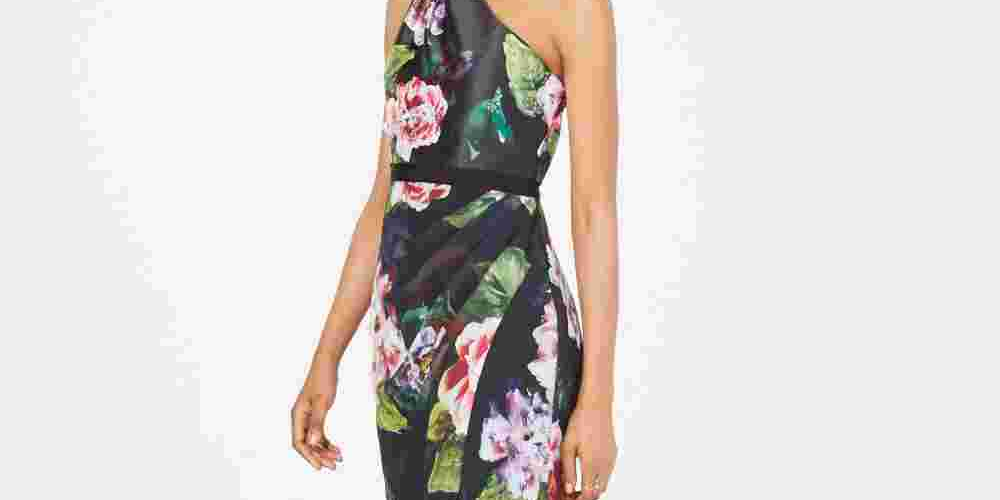 Adrianna Papell Women's Floral-Print One-Shoulder Gown Black /Rose  Size 2