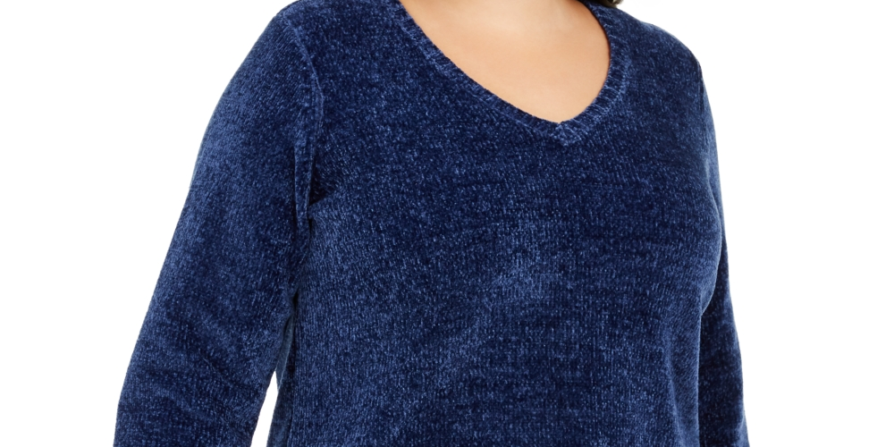 Karen Scott Women's Plus Chenille Pullover V Neck Sweater Blue Size 0X