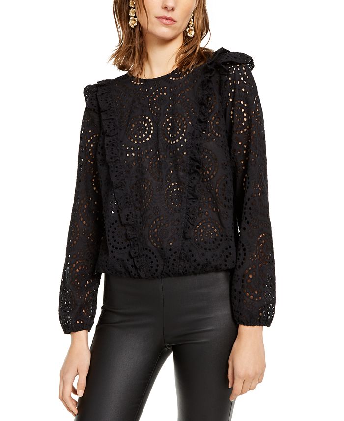 INC International Concepts Women's Ruffled Eyelet Top BlackSize XS