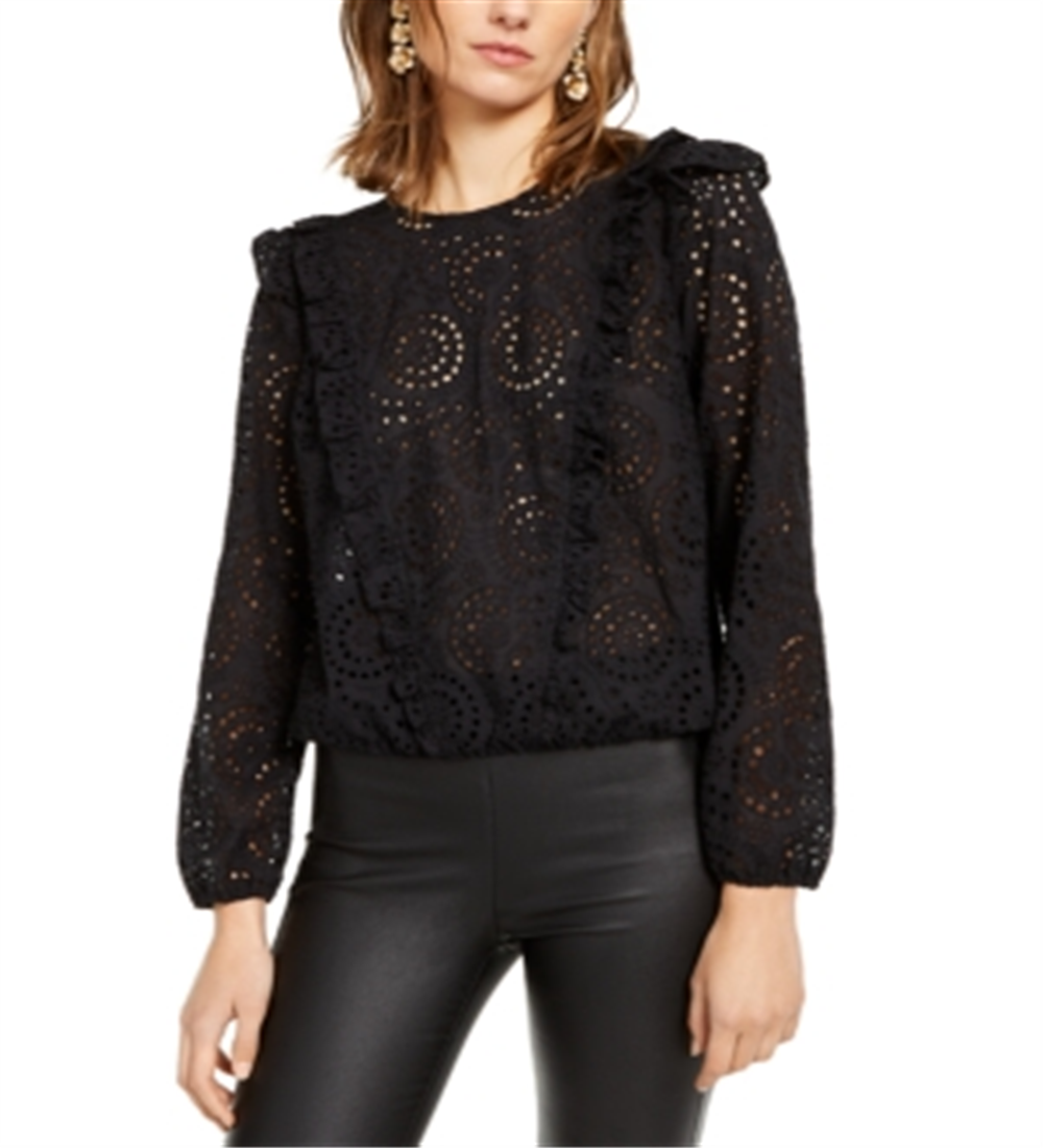 INC International Concepts Women's Ruffled Eyelet Top BlackSize XS
