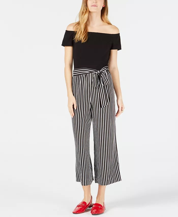 Maison Jules Women's Off Shoulder Stripe Jumpsuit Black Size Large