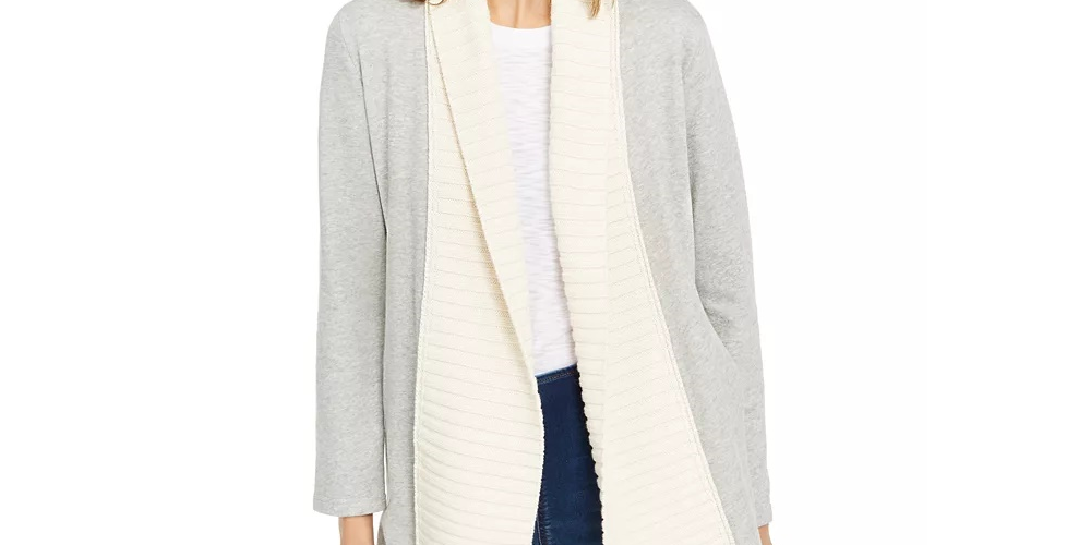 INC  International Concepts Women's Mixed Stitch Cable Knit Completer Cardigan Gray Size Medium