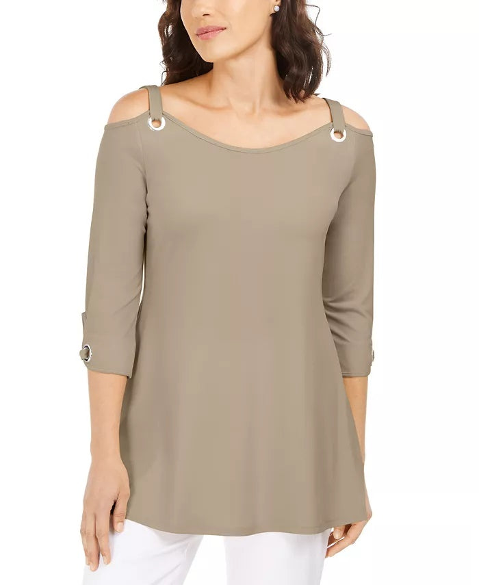 JM Collection Women's Grommet Cold Shoulder Tunic Beige  Size Large