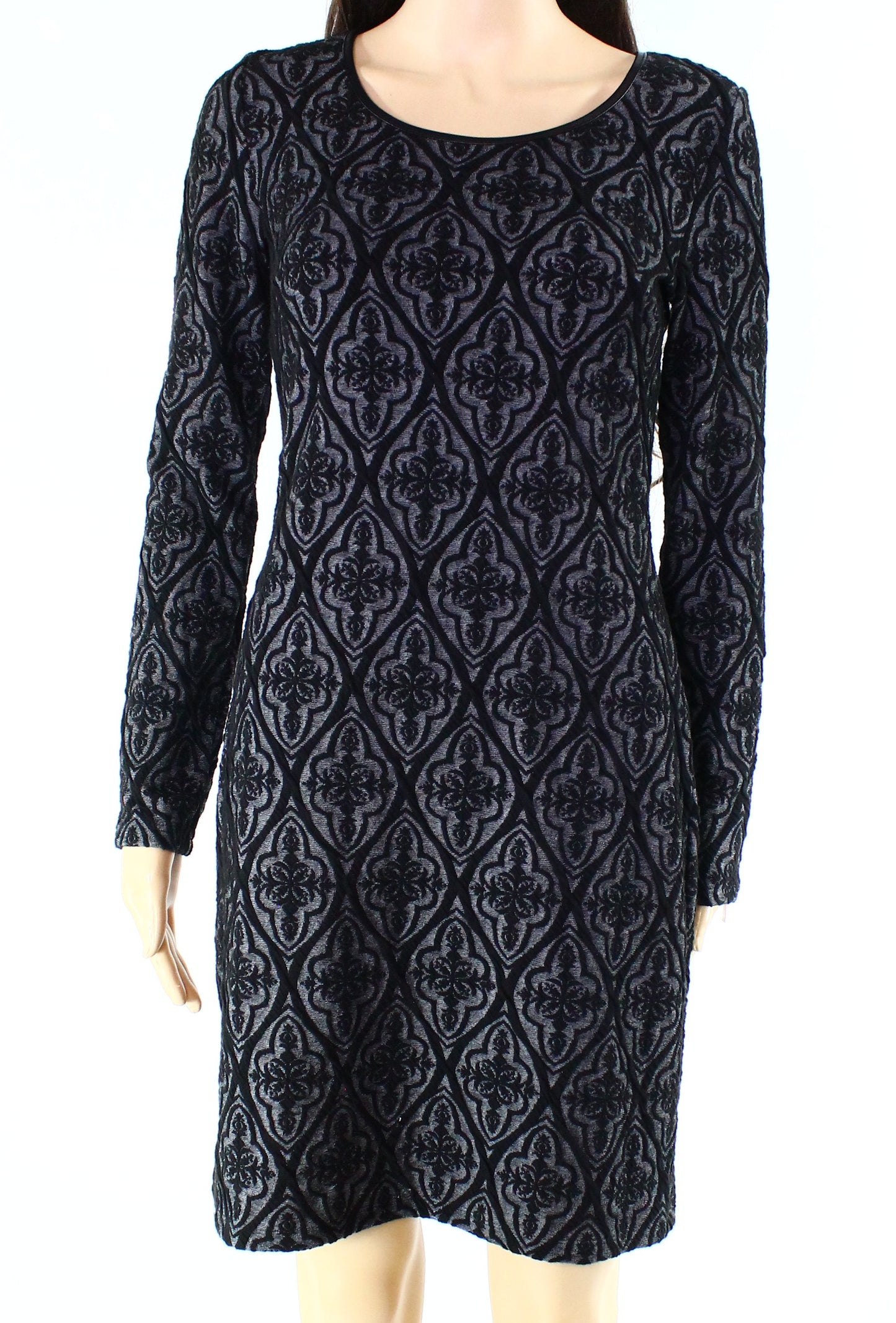 INC International Concepts Women's Faux leather trim Jacquard Sheath Dress Black Size S