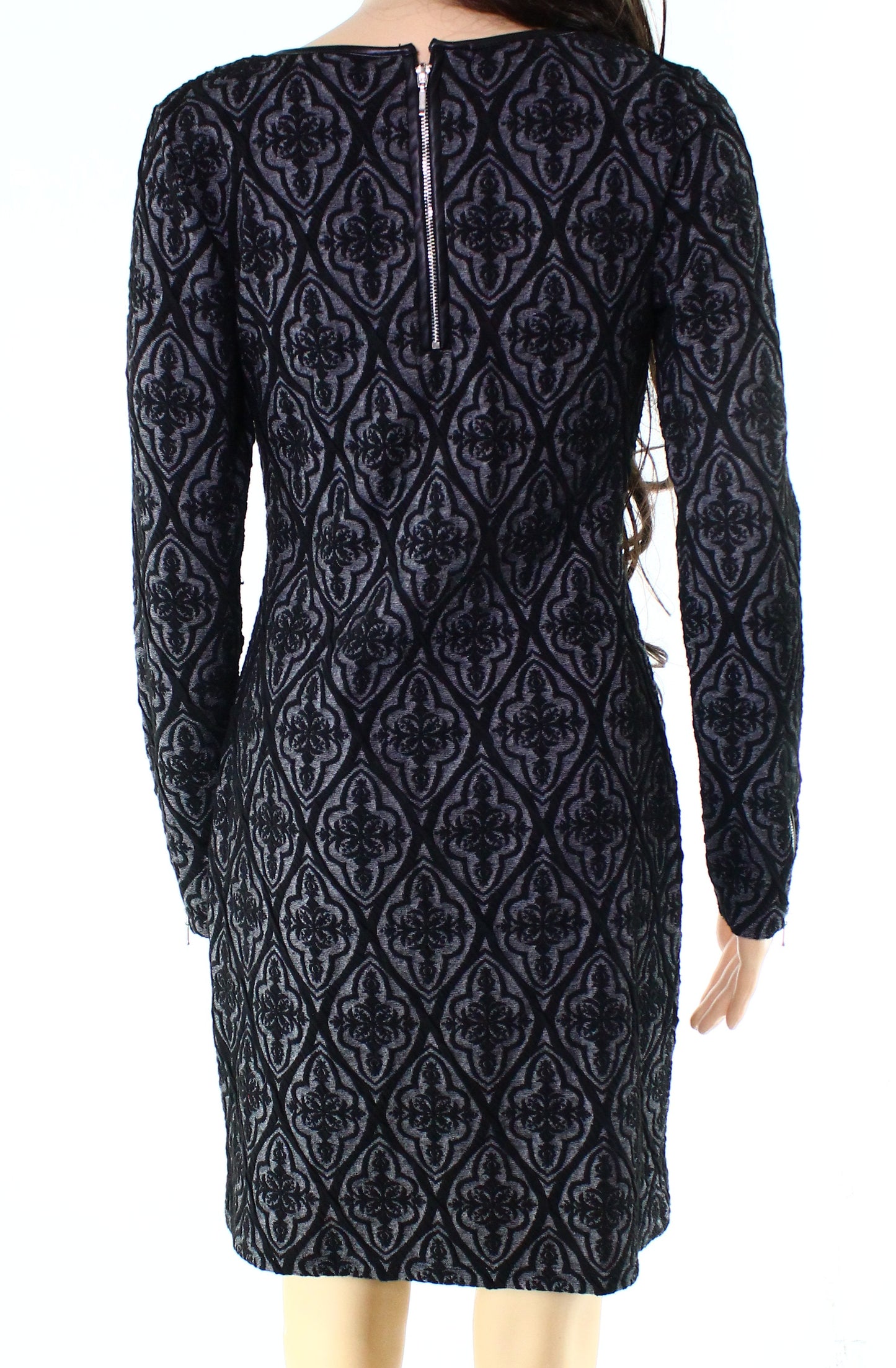 INC International Concepts Women's Faux leather trim Jacquard Sheath Dress Black Size S