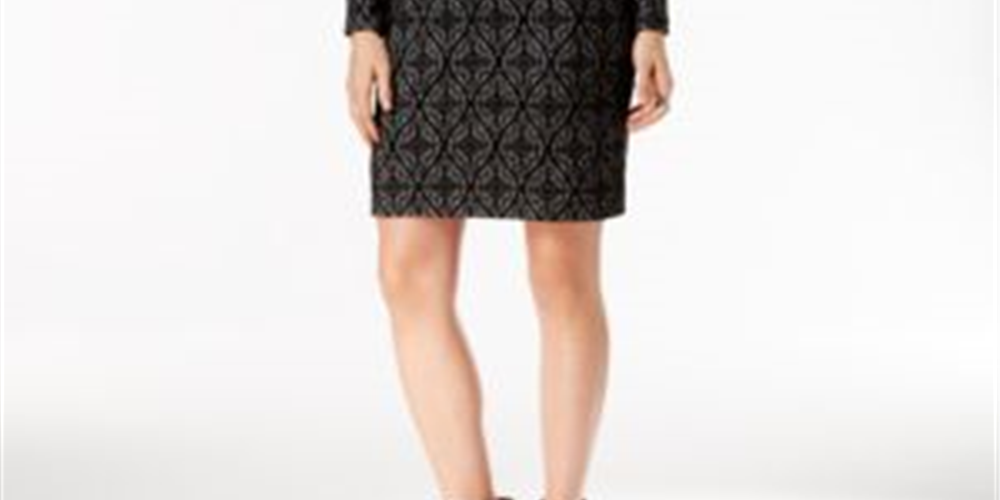 INC International Concepts Women's Faux leather trim Jacquard Sheath Dress Black Size S