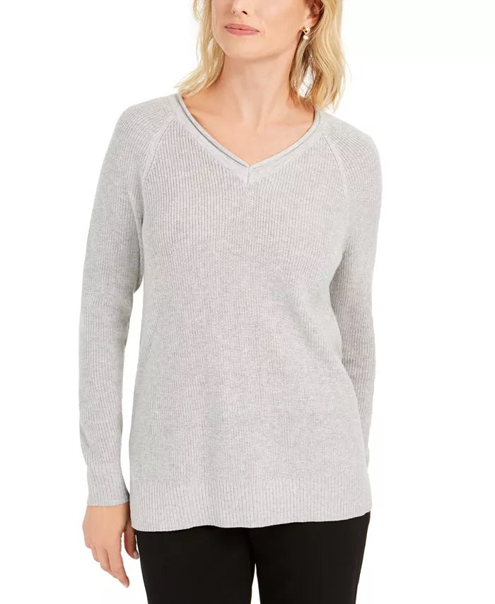 Charter Club Women's V Neck Pullover Knit Sweater Gray Size Large