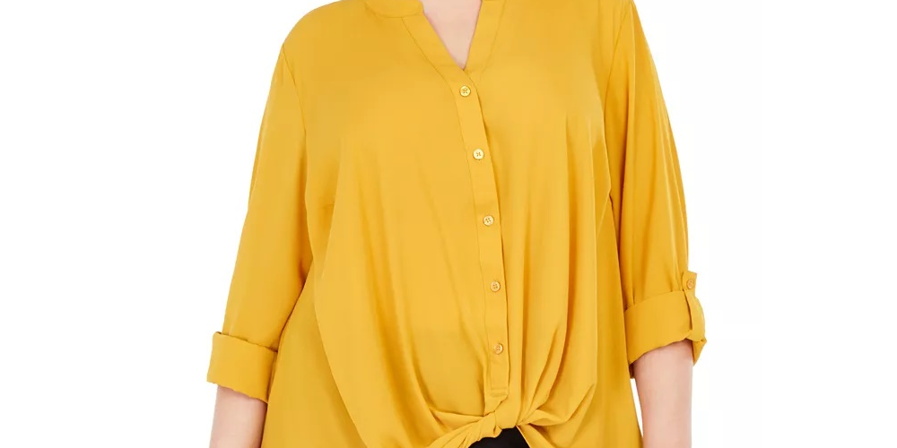 INC  International Concepts Women's Plus Twist Front Shirt Yellow Size 2X