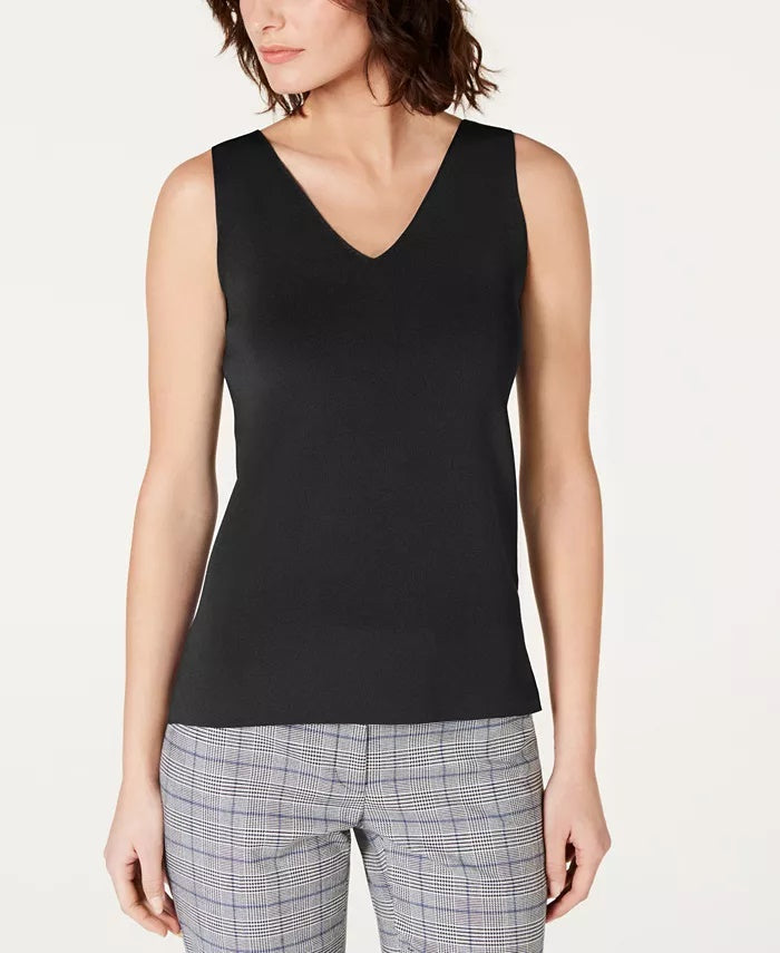 Anne Klein Women's Double V Ribbed Tank Top Black   Size Medium
