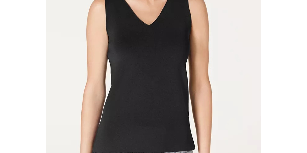 Anne Klein Women's Double V Ribbed Tank Top Black   Size Medium